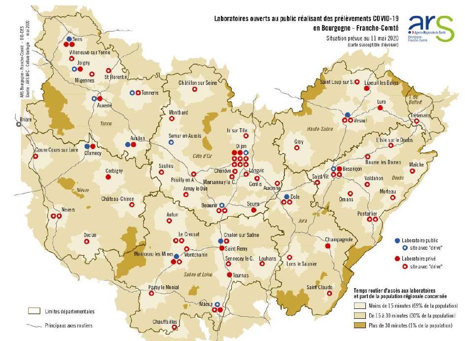 Acc&egrave;s aux tests virologiques : un bon maillage du territoire r&eacute;gional en laboratoires ouverts au public r&eacute;alisant des pr&eacute;l&egrave;vements